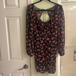 Black floral long sleeve open back ruched dress